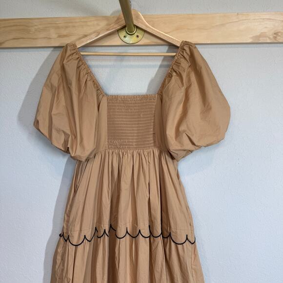 Women's English Factory Tan and Black Ruffle Tiered Smock Top Midi Dress Size S - Picture 8 of 9
